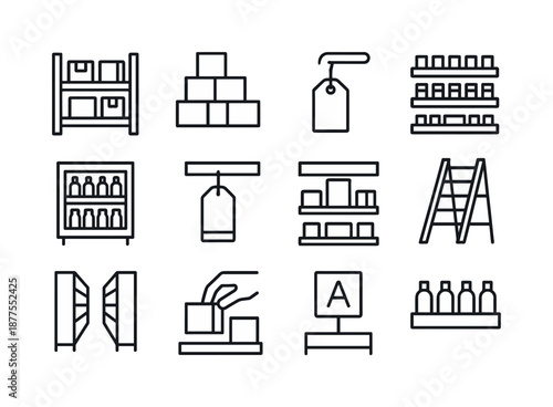 Product Shelving Icons. Product Shelving. Line icon set of Product Shelving: store shelf, stacked boxes, hanging item, product row, display case, shelf label,