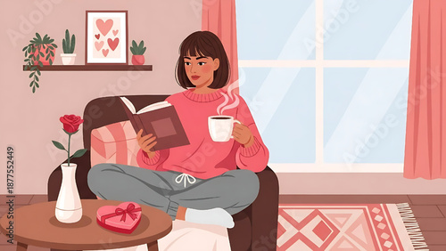 Cozy woman enjoying a warm drink and a book in a comfortable armchair by the window on a peaceful day, surrounded by Valentine's decor