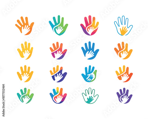Parent-Child Icon Set. Parent-child connection. Icon set. Set Logo of parent-child connection: joined handprints. harmonious logo variations of the same