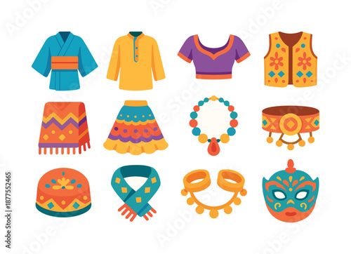 Colorful Traditional Clothing Icons. Traditional Clothing. Colorful flat vector icons set of Traditional Clothing: yukata, kurta, sari blouse, embroidered