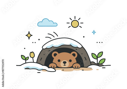 Hibernation Awakening. Animals waking from hibernation. Minimal nature illustration showing a small animal peeking from a burrow, symbol of renewal and new