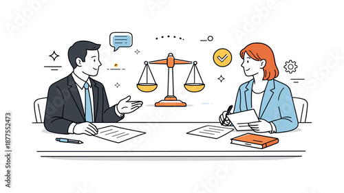 Professional Negotiation Scene. Business negotiation concept. Two professionals discussing terms across a table with documents and balanced scale icons between