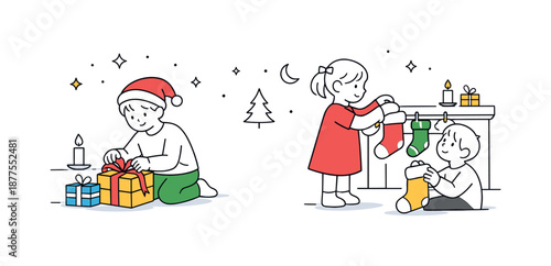 Christmas Eve Anticipation. Christmas Eve traditions anticipation. Children preparing gifts or placing stockings with gentle excitement, calm movements and