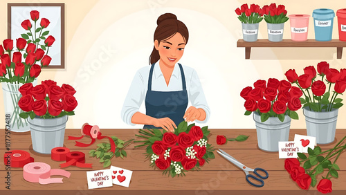 Dedicated florist meticulously crafting stunning red rose arrangements and bouquets in a vibrant flower shop, preparing romantic gifts for special occasions with care