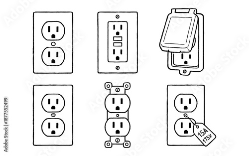 Set of electrical outlets with hand drawn style and various designs