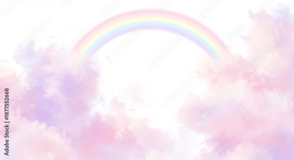 Fototapeta premium Arc-en-ciel lumineux et nuages pastel doux cr�ant une ambiance onirique et apaisante dans un ciel clair et brillant. AI Generated