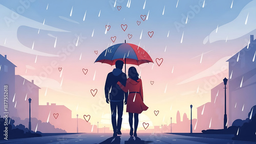 Romantic couple walking under umbrella in rain with hearts floating around