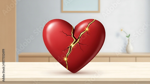 A profound 3D illustration of a symbolic broken heart, glowing with golden light from its cracks, representing emotional pain, resilience, and the journey of healing and recovery