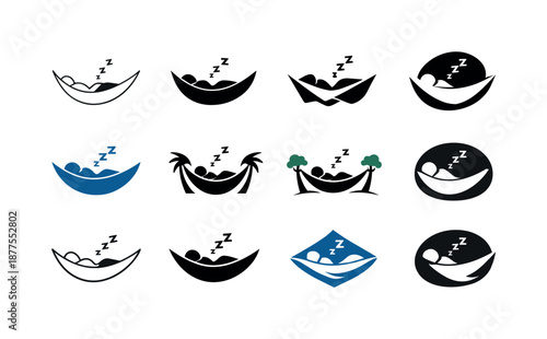 Hammock Sleep Icons. A person drifting off to sleep in a hammock. Icon set. Set Logo of a person drifting off to sleep in a hammock: hammock silhouette.