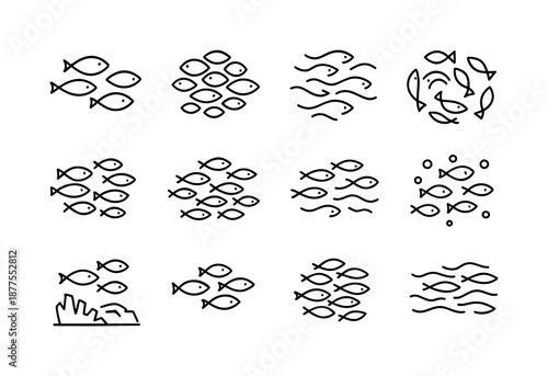 Fish School Icons. Fish Schools. Line icon set of Fish Schools: group of fish, fish cluster, schooling pattern, swirling school, fish silhouette, coordinated