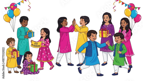 Children Celebrating Diwali with Gifts and Balloons