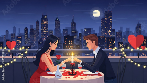 Romantic couple celebrating Valentine's Day on a rooftop overlooking a city skyline with candlelight and rose petals