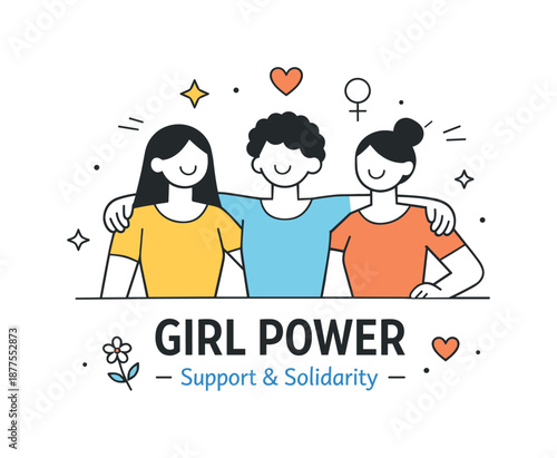 Empowered Women Together. Girl Power Minimal Poster ? Support and Solidarity. Two or more female characters standing together at the same level, connected by