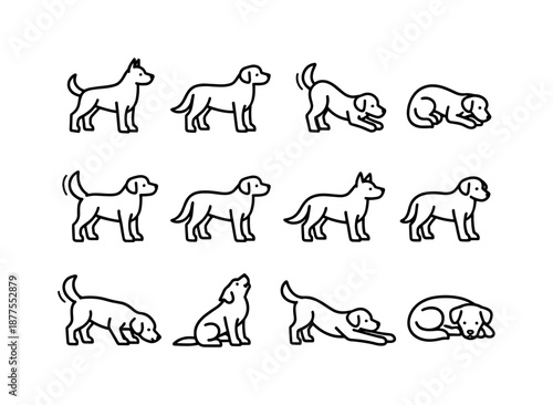 Farm Dog Icons. Farm dog. Line icon set of dog body language on the farm: alert stance, relaxed stance, playful bow, submissive crouch, tail up, tail down,