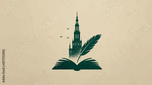 Illustration featuring a castle spire, a quill, open book, and flying birds on textured paper