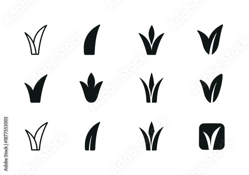 Grass Logo Variations. Grass. Icon set. Set Logo of grass: single grass blade. harmonious logo variations of the same emblematic concept, each with different