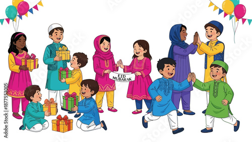 Diverse group of people celebrating a festive occasion together with colorful clothing and decorations