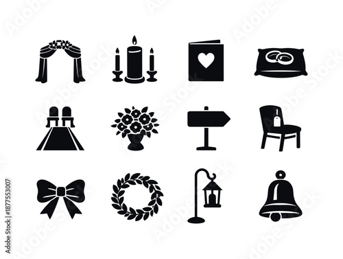 Wedding Decor Icons. Wedding ceremony decor. Solid icon set of wedding ceremony decor: altar arch, unity candle, vow book, ring pillow, aisle runner, floral