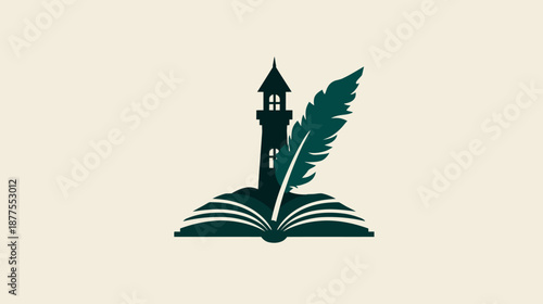 A silhouette of a lighthouse, quill, and open book, in a teal and cream color palette