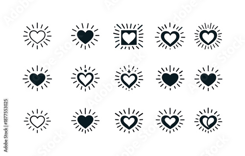 Grateful Heart Icons. grateful heart. Icon set. Set Logo of grateful heart: heart with radiating lines. harmonious logo variations of the same emblematic