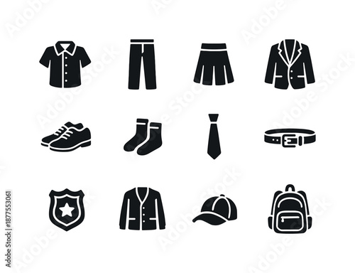 Uniform Icon Set. Uniform replacement items. Solid icon set of uniform replacement items: new shirt, new pants, new skirt, new blazer, new shoes, new socks,