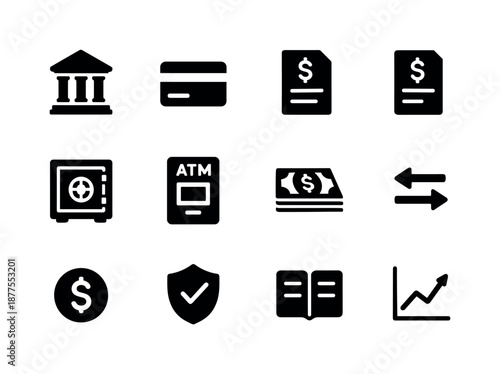 Banking Icons Set. Banking essentials. Solid icon set of banking essentials: bank building, debit card, loan form, deposit slip, money vault, ATM icon, cash