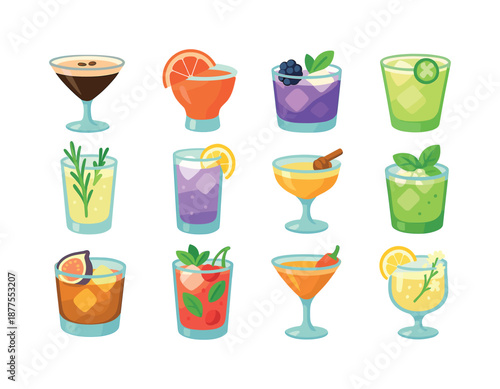 Colorful Cocktail Icons. Signature cocktails. Colorful flat vector icons set of signature cocktails: espresso martini, blood orange margarita, blackberry
