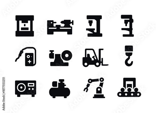 Industrial Equipment Icons. Industrial machinery. Solid icon set of industrial machinery: hydraulic press, lathe machine, milling cutter, drill press, welding