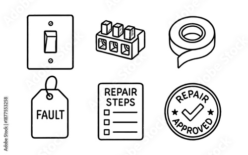 Hand drawn repair tools and icons set: fault tag, repair steps, and more