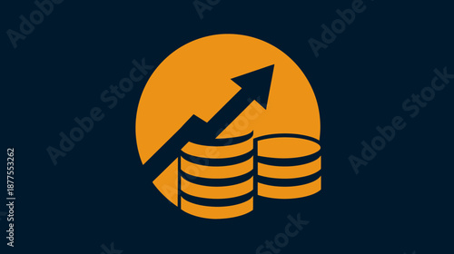 Financial graphic showing an upward arrow over stacks of coins against a golden circle backdrop