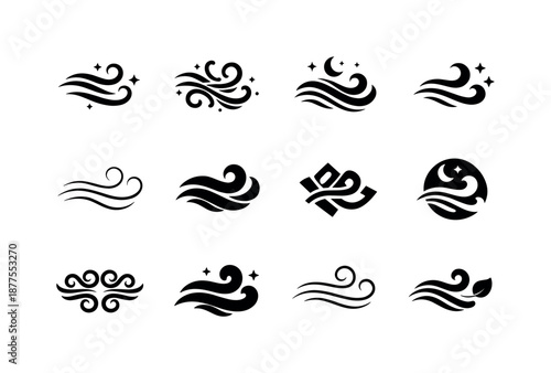 Relaxing Sound Icons. Relaxing sounds for sleep. Icon set. Set Logo of relaxing sounds for sleep: calm airflow symbol. harmonious logo variations of the same