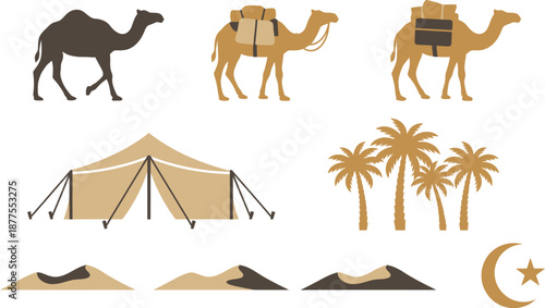 Arabian Desert Caravan Vector Set - Camels, Bedouin Tent, and Palm Trees Silhouettes