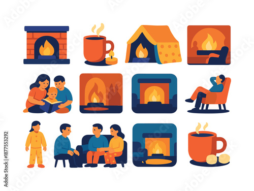 Cozy Evening Icons. Evening by the fire. Colorful flat vector icons set of evening by the fire: low-lit fireplace, tea and candlelight, blanket fort near