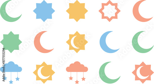 Colorful Pastel Islamic Geometric Shapes Set - Moon, Star, and Rub el Hizb Vector Icons