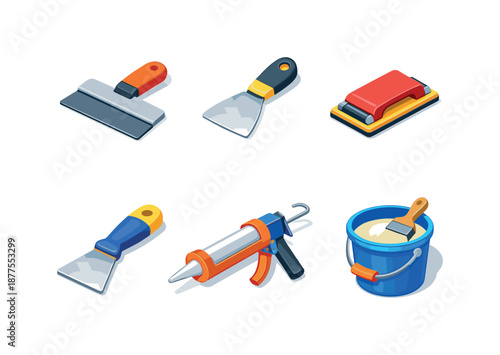Interior Repair Tools. Interior repair. Isometric flat vector icons set of interior repair: wall plaster trowel, putty knife, sanding block, paint scraper,