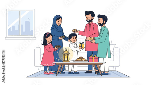 Family sharing traditional food together in a cozy living room during a cultural celebration