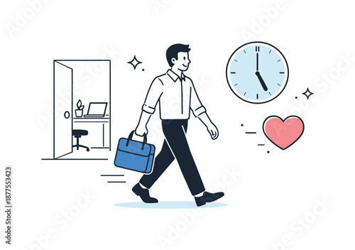 Achieving Balance Bliss. Work-life balance. Person leaving the office on time with a bag while a clock and heart icon appear nearby, symbolizing healthy