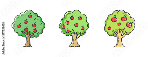 Three cartoon apple trees laden with ripe red apples, illustration
