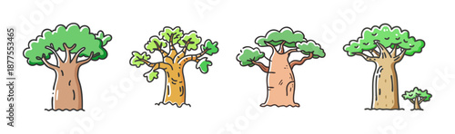 Collection of four baobab trees with distinctive thick trunks and sparse foliage.