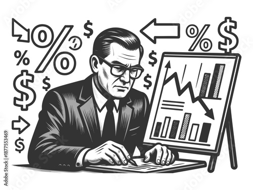 serious businessman reviewing financial charts, surrounded by money symbols and declining market indicators sketch engraving generative ai fictional character vector illustration. Scratch board.