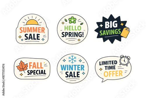Seasonal Promo Stickers. Seasonal promo stickers. A collection of badge shapes with icons like sun, leaf, or snowflake paired with short sale messages.
