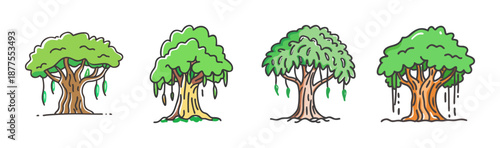 Four unique banyan trees with aerial roots and lush green canopy illustrations.