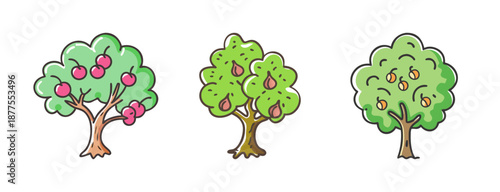 Assortment of three fruit trees, including cherry, fig, and pear varieties.