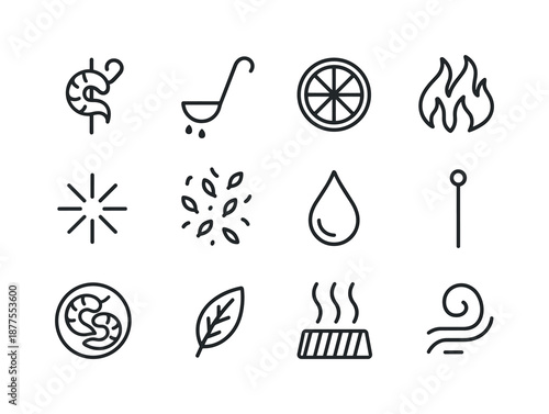 Shrimp Skewers Icons. Shrimp skewers. Line icon set of shrimp skewers: double shrimp swirl, marinade ladle, citrus icon, grill flame trio, seafood freshness