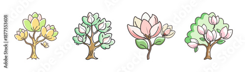 Group of four cartoon magnolia trees with pink and green blooms