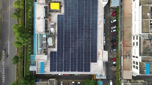 Panoramic aerial view capturing modern commercial facilities integrating innovative rooftop solar