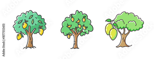 Collection of three cartoon mango trees with ripe yellow fruit