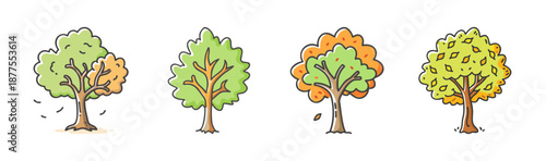 Four cartoon maple trees showing seasonal changes in autumn