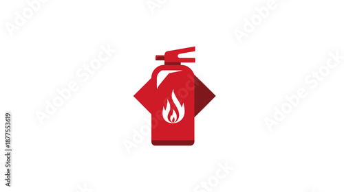 A red fire extinguisher graphic with a flame inside it on a white background
