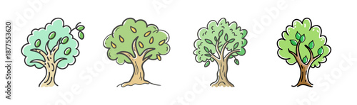 Set of four cartoon olive trees with green leaves and olives